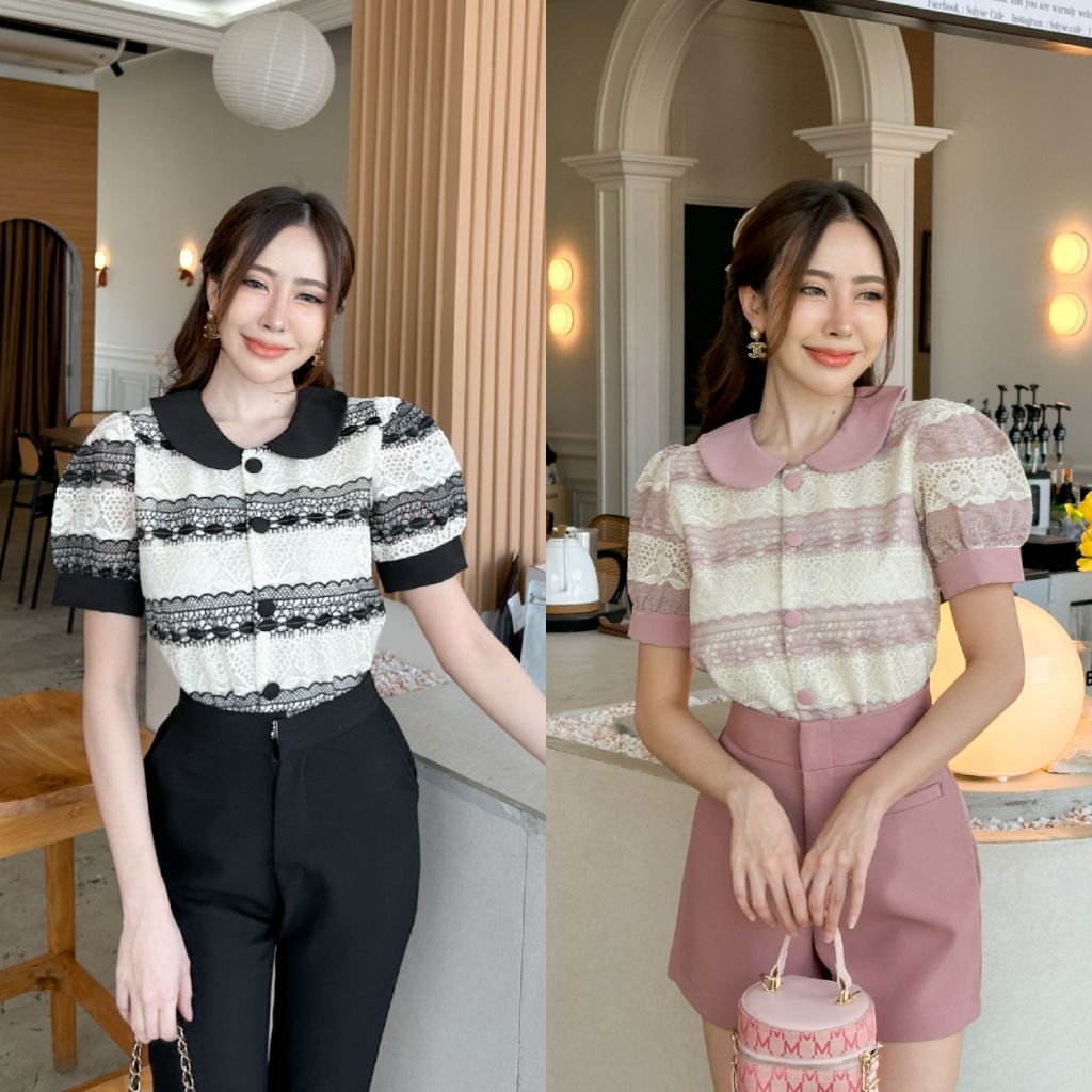 เสื้อคอบัวแขนสั้นผ้าลูกไม้พรีเมี่ยมสีทูโทนมีซับใน