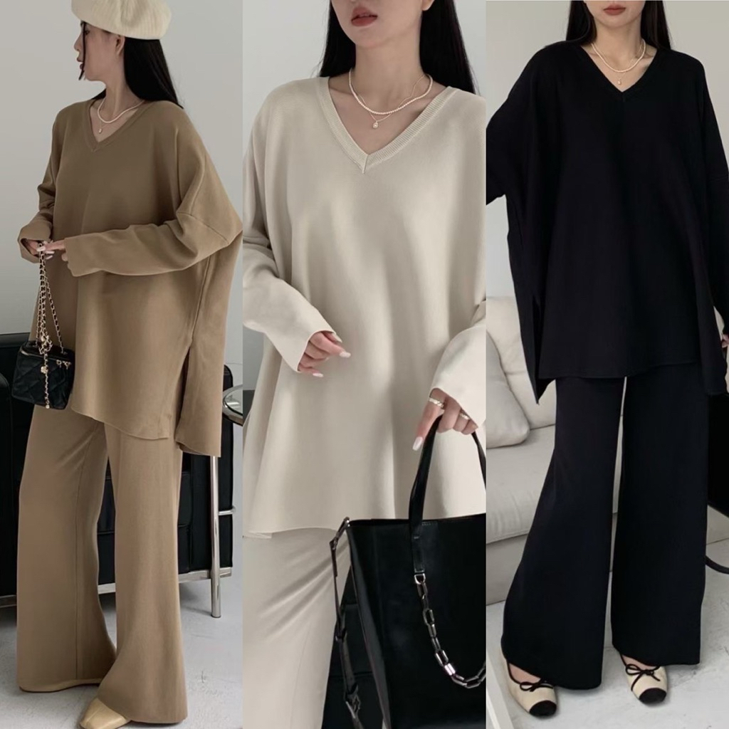 knitting set ชุดเซ็ตไหมพรมแขนยาว คอวี เนื้อผ้าอย่างดี airport look