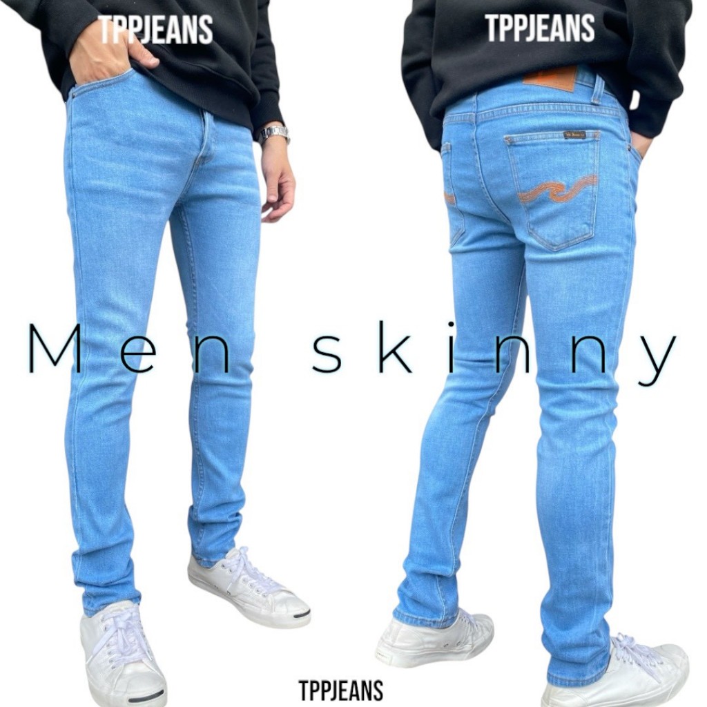 JEANSEXPRESS Skinny Men's Jeans กางเกงยีนส์ชาย ทรงสกินนี่ เดฟ สีบลูฟอกซีด ผ้ายืด ใส่สบาย กระดุมSize 28-42 รับชำระปลายทาง