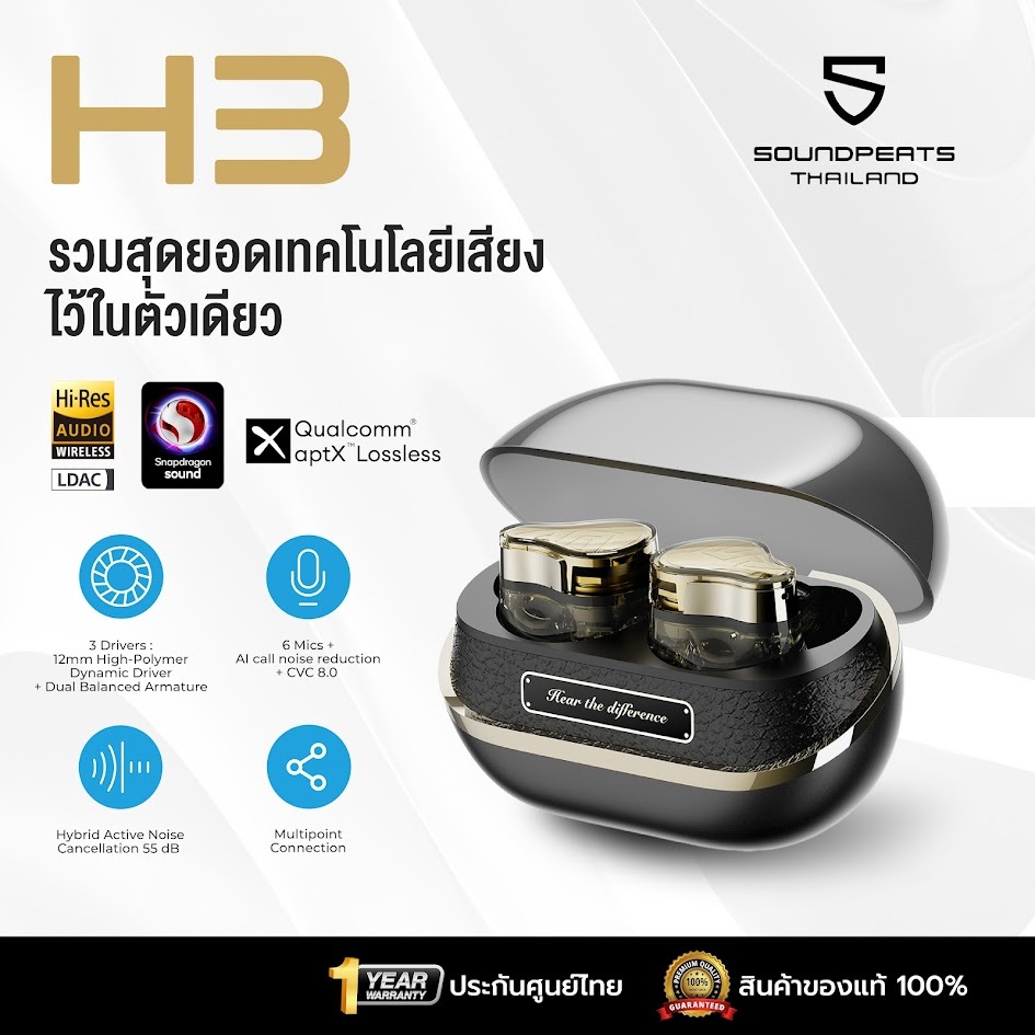 [ประกันศูนย์ไทย] SoundPEATS H3 หูฟังบลูทูธ 3 ไดเวอร์ หูฟังไร้สาย Inear หูฟัง Hi-Res True Wireless Snapdragon Sound