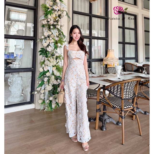 Widelia@Real Jumpsuit จั้มสูทสายเดี่ยวขายาว ผ้าลูกไม้ป๊อปอัพ