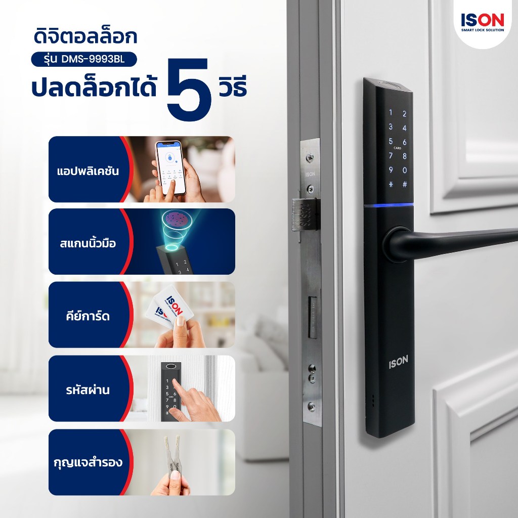 ISON DMS9903BL, DMS9993BL Digital Door Lock กุญแจดิจิตอลสำหรับประตูอลูมิเนียม มีทั้งบานสวิงและบานเลื