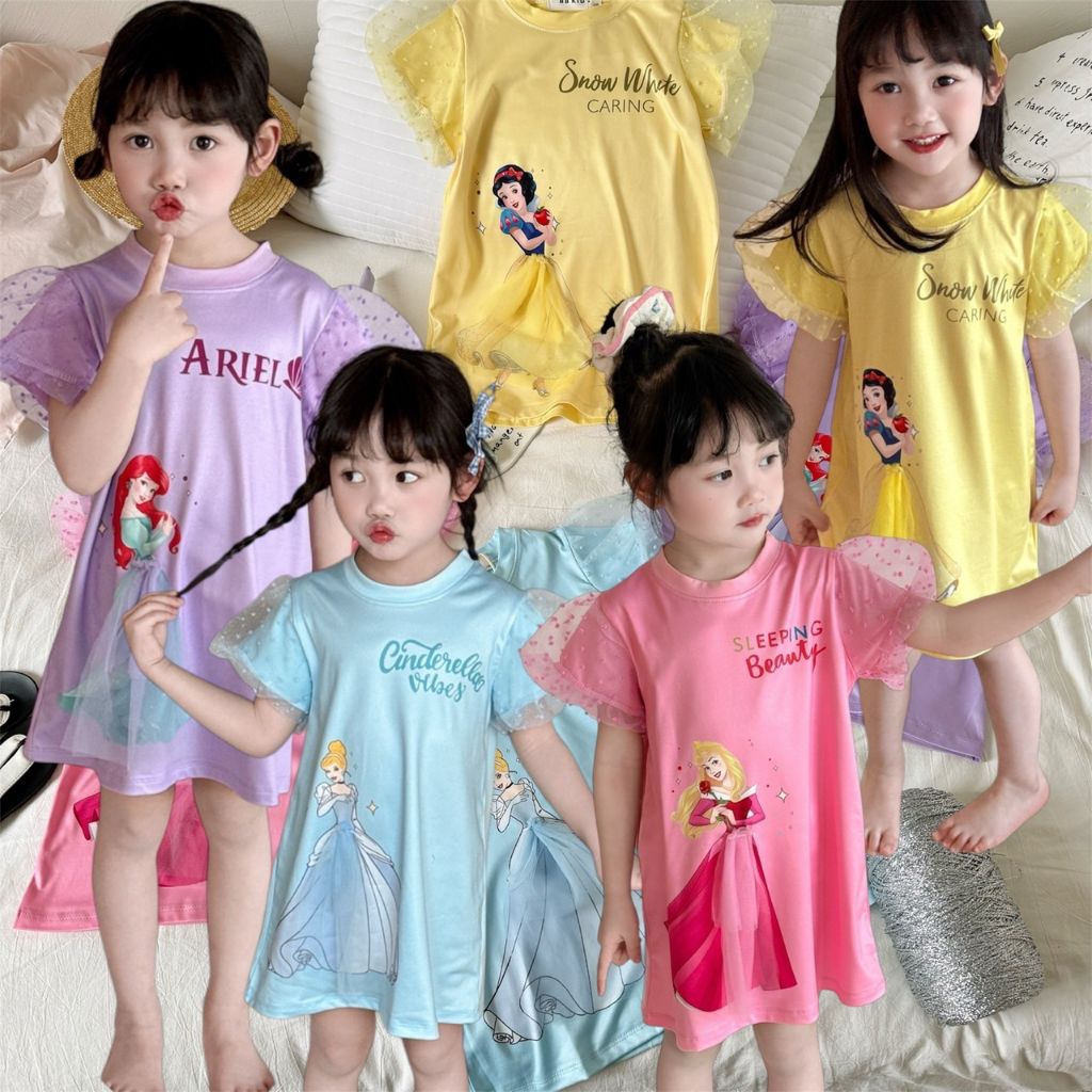 พร้อมส่งในไทย เดรสเจ้าหญิงแขนพองลูกไม้ ป้ายBB Kidsงานพิมพ์ลาย ผ้าcottonนิ่ม สินค้าถ่ายจากงานจริงค่ะ