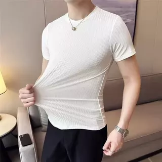 เสื้อยืดคอกลมลายทางแขนสั้นผ้ายืดสีพื้นสำหรับผู้ชาย 2025 ใหม่
