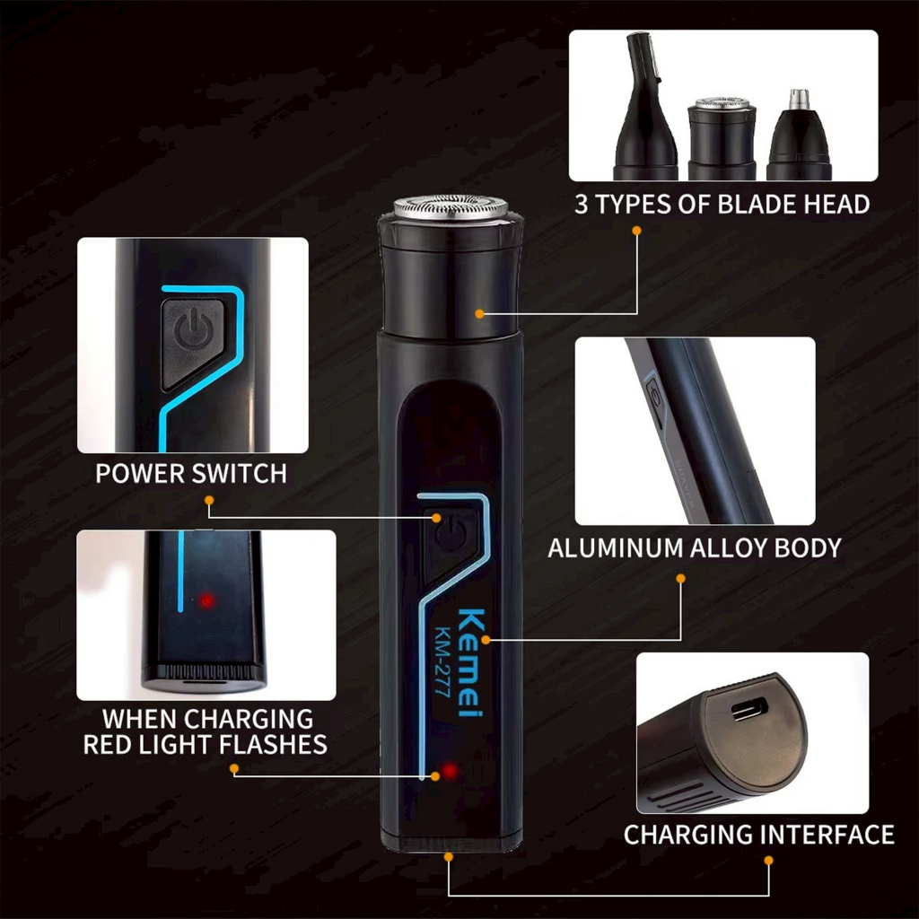 KEMEI KM-277 เครื่องโกนหนวดไฟฟ้า ปัตตาเลี่ยนไร้สาย 3IN1 เครื่องตัดผม โกนหนวด เครา ขนจมูก ชาร์จUSB - รูปที่ 2