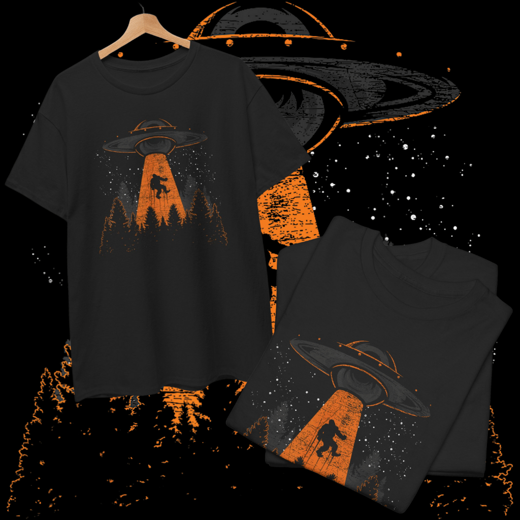 เสื้อยืด บิ๊กฟุตถูก UFO ดูดขึ้นยาน (Cotton 100%)