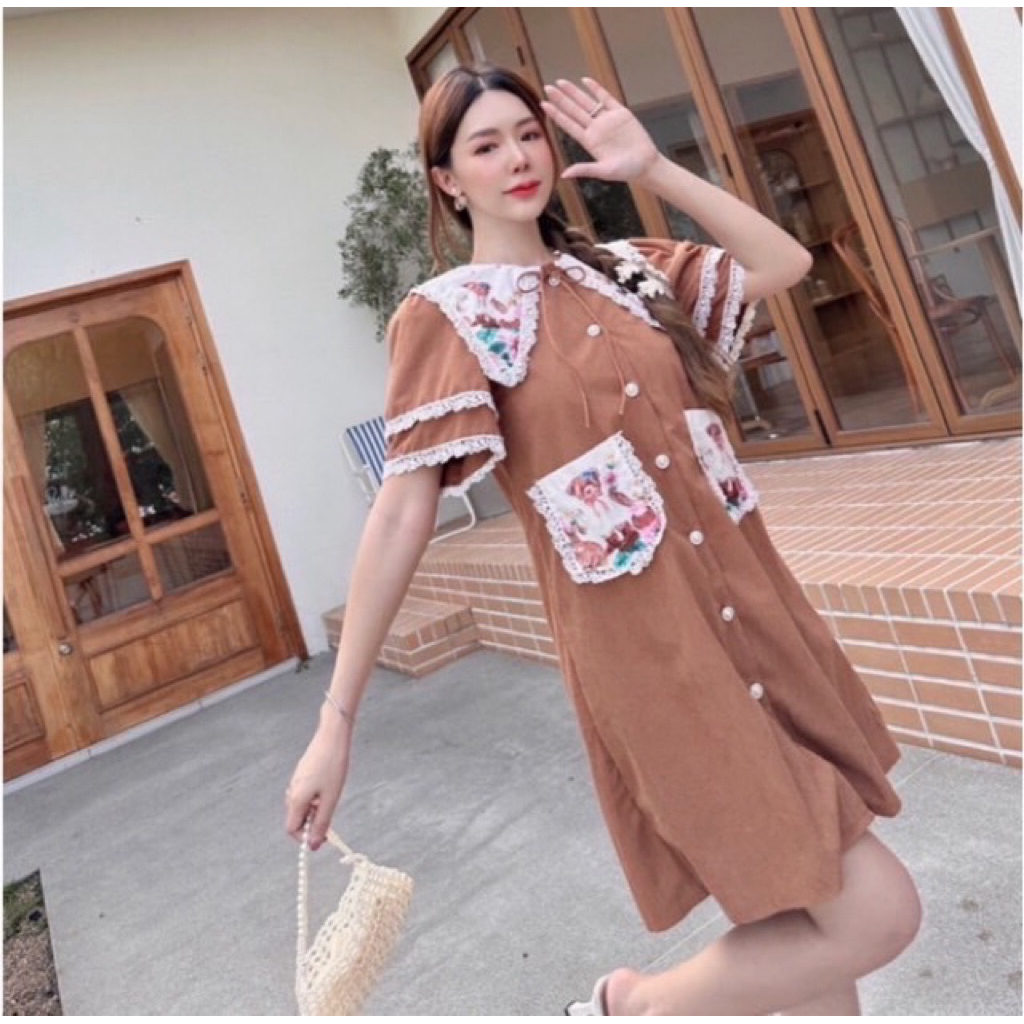 เดรสน้องหมีคอปกผ้าลูกฟูกงานป้ายBRT Brand(มือ1)