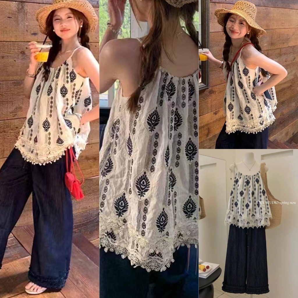 🧡🧵 🇰🇷 6856 เซ็ท 2 ชิ้น เสื้อสายเดี่ยวเชือก+กางเกงเอวสม็อค  แฟชั่นเกาหลี TAG KOREA 🧵🧡