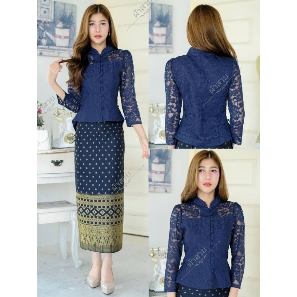 ชุดเซ็ท​(2ชิ้น)เสื้อลูกไม้คอจีนพร้อมผ้าถุงทอลาย อัดผ้ากาว แบบป้าย ฟรีไซส์​ มีเก็บปลายทาง - รูปที่ 4