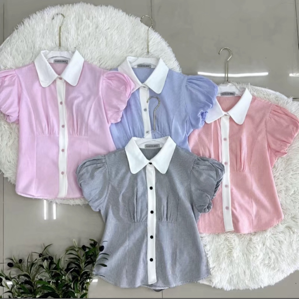 เสื้อเชิ้ตคอปก แขนฟักทอง ผ้า cotton ลายริ้ว ด้านหลังมีสายปรับเข้ารูป M15