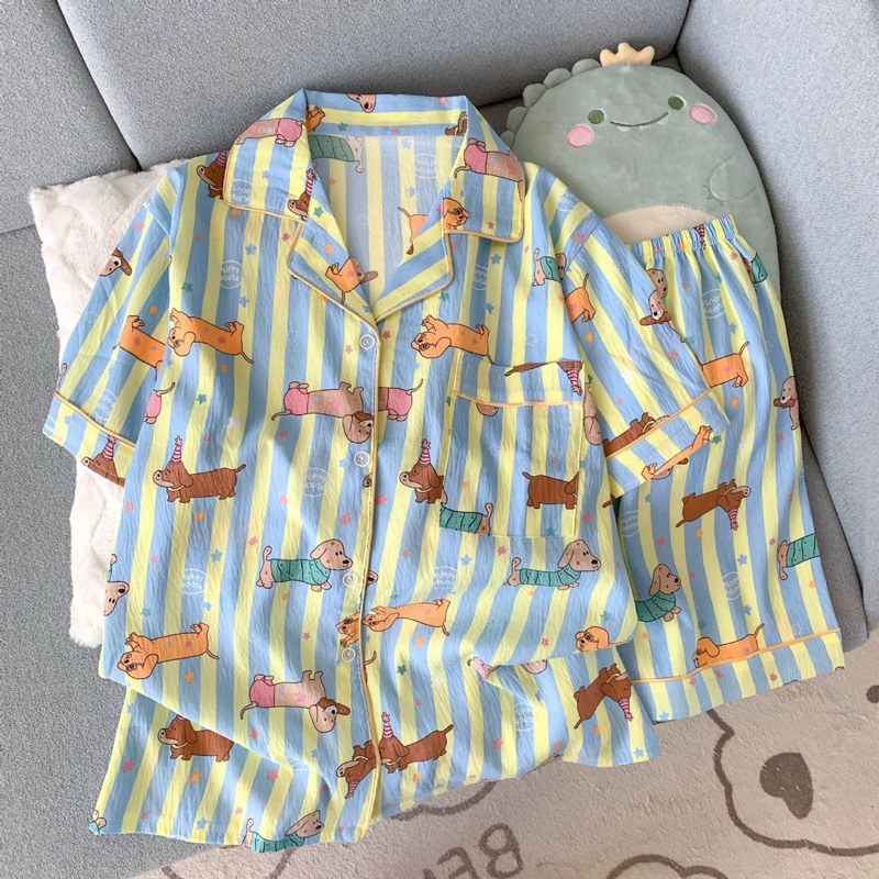 ชุดนอนแขนสั้น ขาสั้น ผู้หญิงผ้าไหมญี่ปุ่น ผ้านิ้มใส่สบาย นุ่มเบา ลายน่ารัก