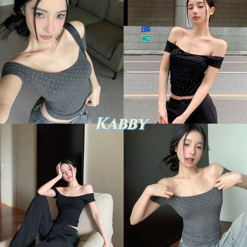 พร้อมส่ง💕เสื้อยืดปาดไหล่ งานติดเพชร ลายจุด แต่งง่าย ทรง Sexy ได้ทุกลุค