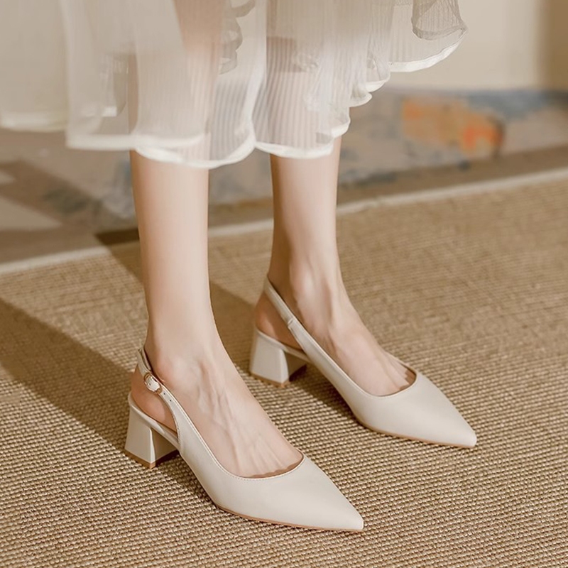 [LS] เกาหลีสไตล์ใหม่สีเบจส้นสูงรองเท้าแตะผู้หญิงใส่สบายหัวแหลมสํานักงานรองเท้า - รูปที่ 3