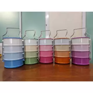 ปิ่นโตเหล็กเคลื่อบสีพาสเทลแบบโบราณขนาด14ซม(โทนไล่สี)แบบ3ชิ้นและ4ชั้น