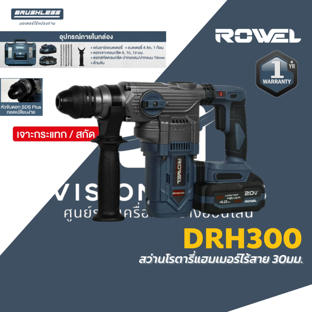 ROWEL สว่านโรตารี่ ไร้สาย 20V 2 ระบบ รุ่น DRH300 (ครบชุด) ระบบ SDS-PLUS 3.5J BL Motor โรเวล รับประกั