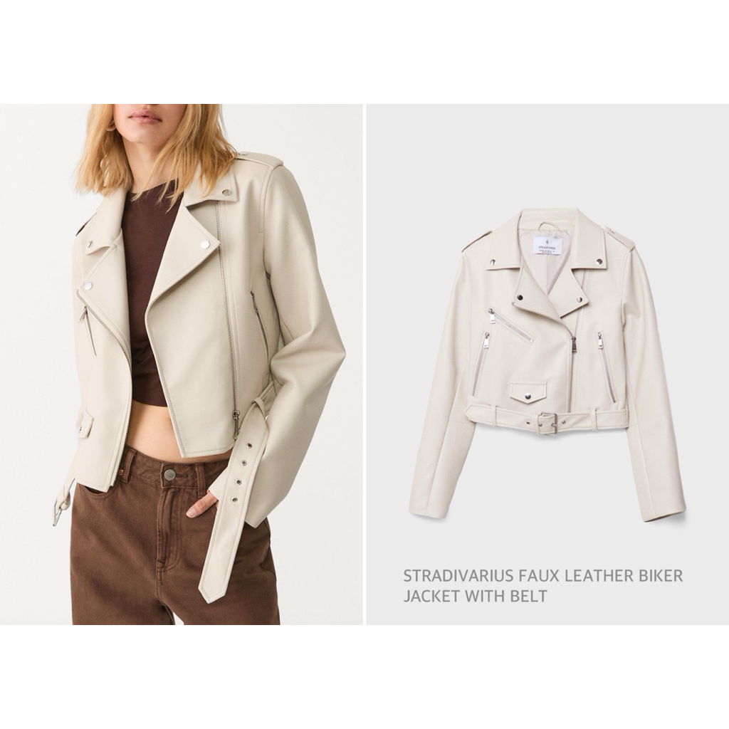 STRADIVARIUS เสื้อแจ็กเก็ตหนัง คอปก แขนยาว FAUX LEATHER BIKER JACKET WITH BELT (C2206)