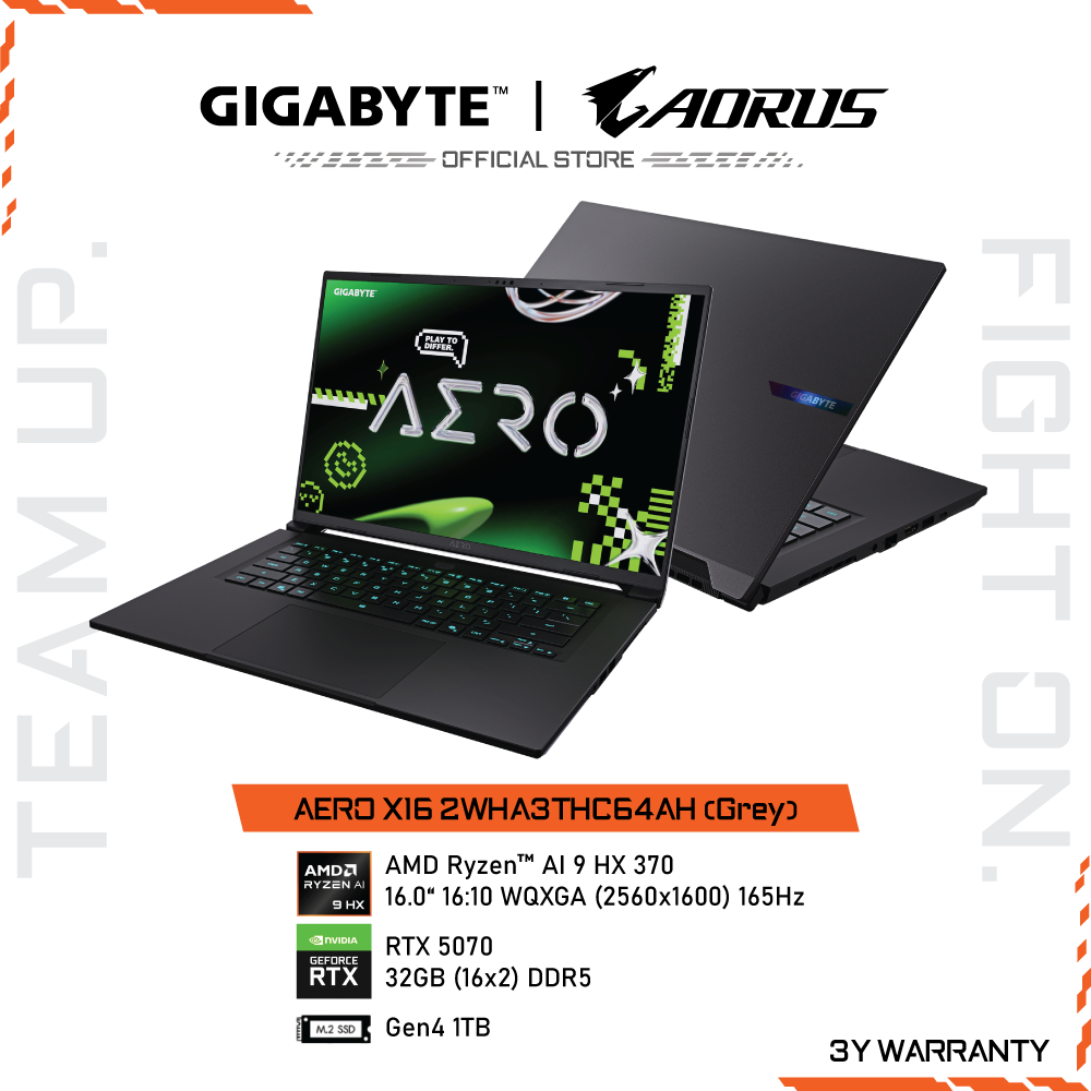 (ไม่เข้าร่วมโปรแถมแรม) GIGABYTE AERO X16 2WHA3THC64AH (Grey) Gaming Notebook 16" | AMD Ryzen AI 9 37