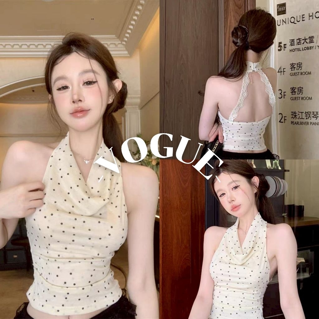 Vogue🌟พร้อมส่ง🌟 เสื้อกล้าม ดีเทลลายจุด เว้าหลังสีครีม (FY2862)