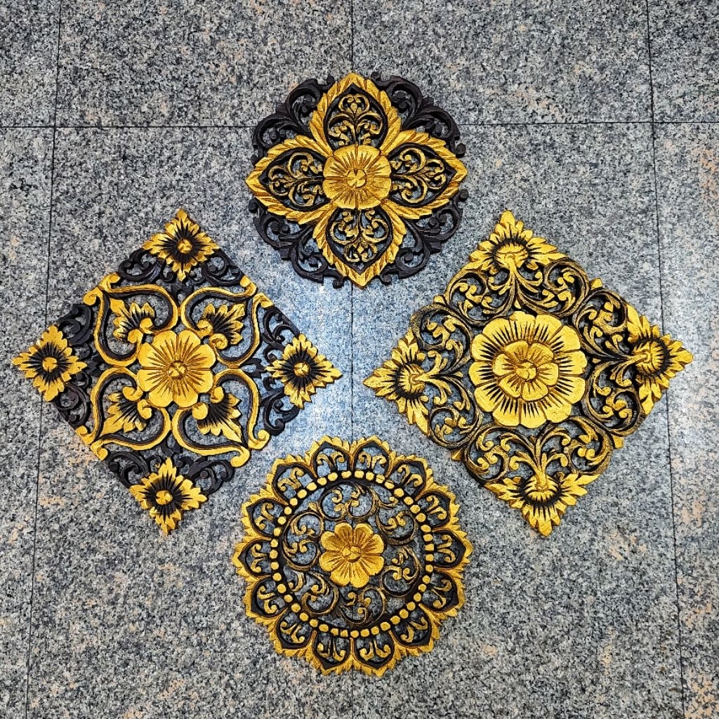 แผ่นไม้แกะสลัก ขนาด12×12นิ้ว ทาทอง พร้อมส่ง‼️ แกะสลักจากไม้สัก ตกแต่งบ้าน ตกแต่งผนัง