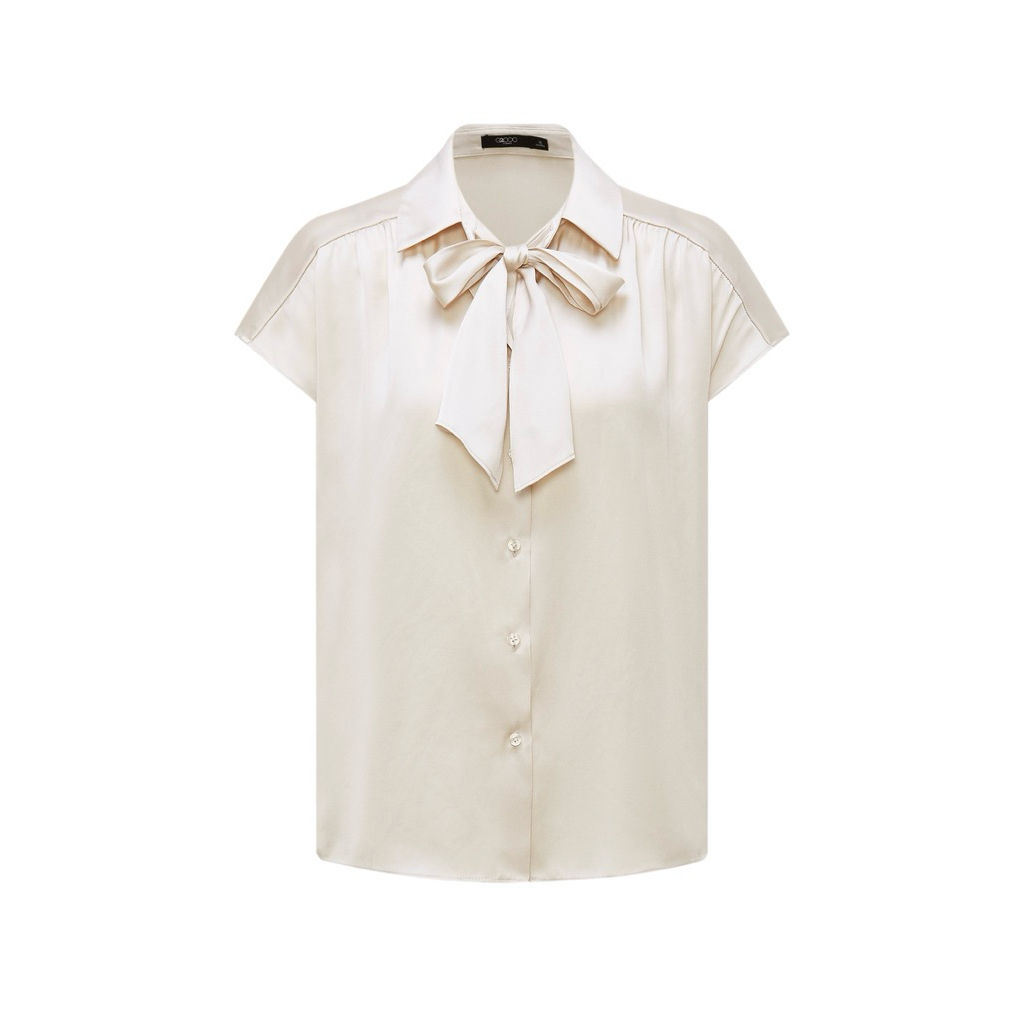 G2000 NEW  เสื้อแขนสั้นผ้าซาตินสีเบจดีไซน์คอผูกโบว์ SATIN BLOUSE เสื้อเบลาส์สำหรับใส่หลากหลายโอกาส
