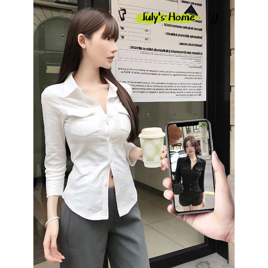 เสื้อเชิ้ต คอปก เเต่งกระเป๋าด้านหน้า ไหล่ตรง ใส่เเล้วดูผอม #J2326