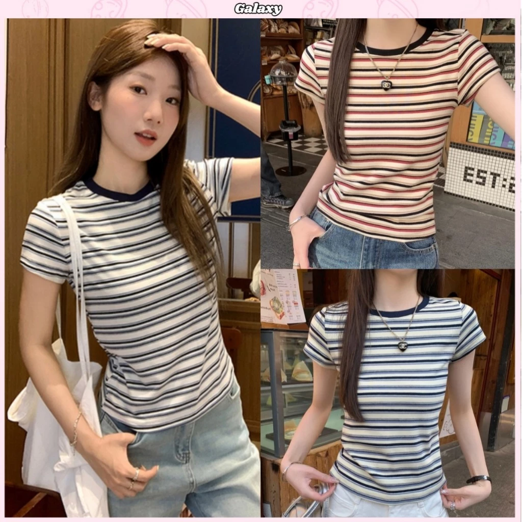 เสื้อยืดเเขนสั้น เสื้อคอกลมเเขนสั้น ลายสลับสีสวย ลายทางสีสวย เรียบง่าย เข้ากับทุกสไตส์ #020322