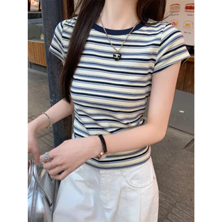 เสื้อยืดเเขนสั้น เสื้อคอกลมเเขนสั้น ลายสลับสีสวย ลายทางสีสวย เรียบง่าย เข้ากับทุกสไตส์ #020322