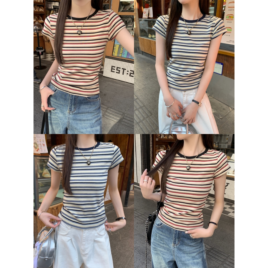 เสื้อยืดเเขนสั้น เสื้อยืดลายทาง งานกุ๊นคอ สไตล์มอนอมอล เรียบง่าย  เเต่งตัวชิวๆ #22322