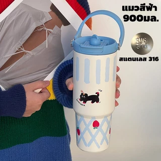 แก้วเก็บความร้อนพกพาสแตนเลส 304 ขนาด 900 มล. ขวดน้ำสแตนเลส 304 ลายการ์ตูนสัตว์ รุ่นอัพเกรดป้องกันฝุ่นและความจุขนาดใหญ่