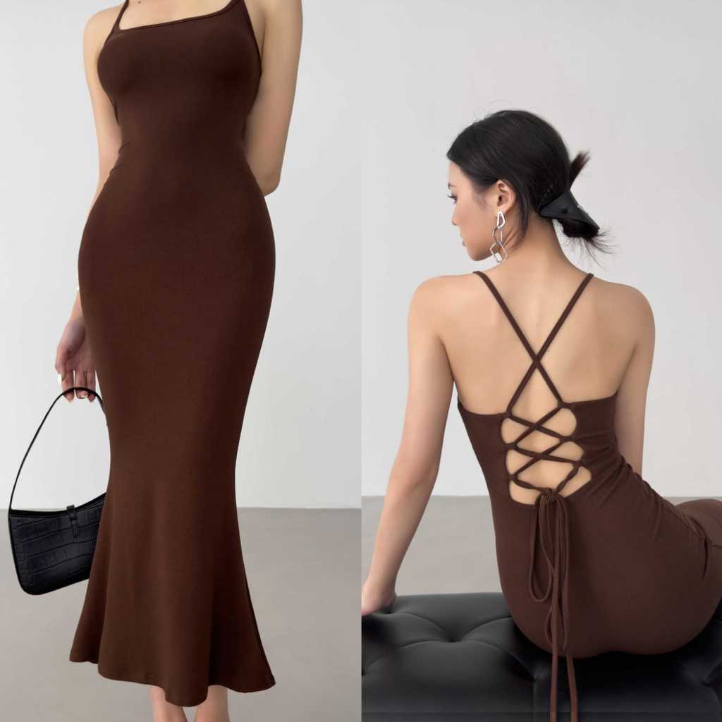 เดรส แขนกุด รัดรูป น่ารัก ดำ ผู้หญิง ยาว เปิดหลัง แฟชั่น ไปทะเล dress ออกงาน
