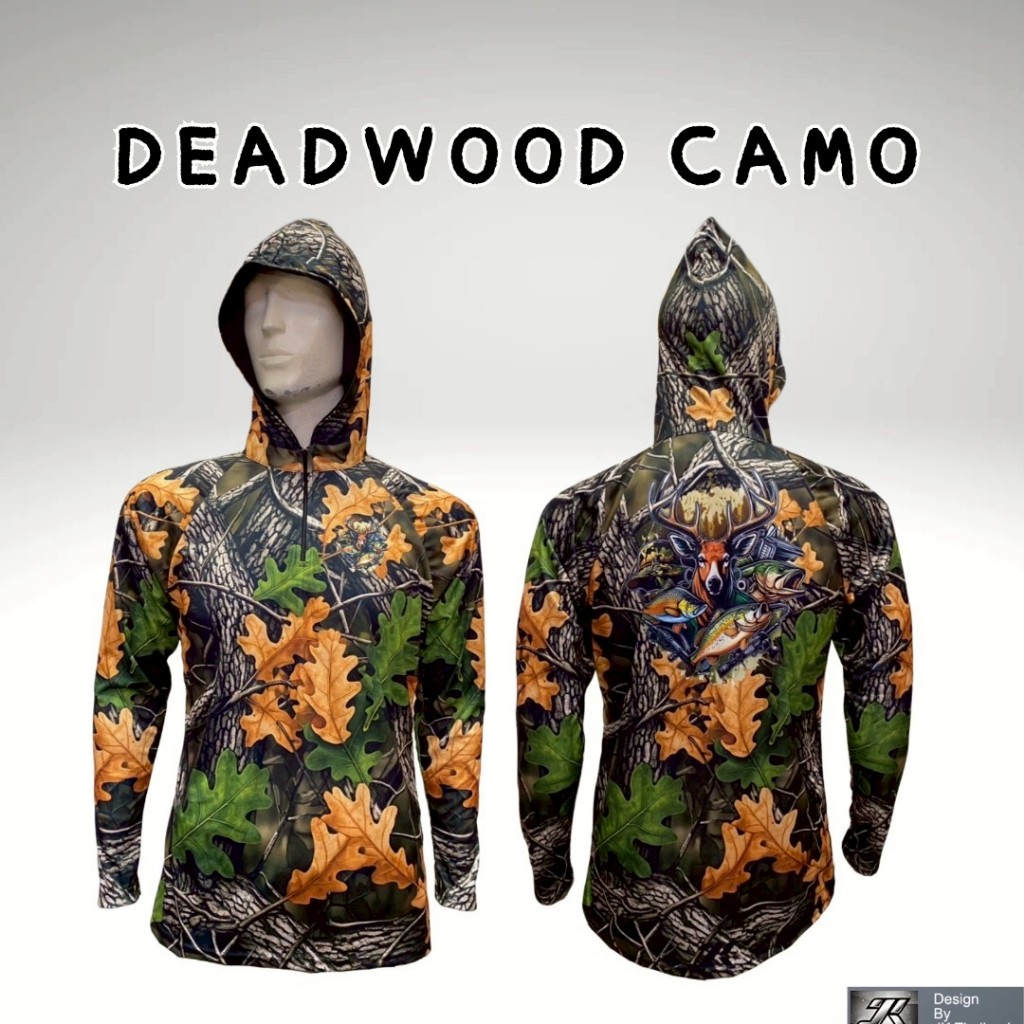 DEADWOOD CAMO ลายพราง เสื้อตกปลา คอตั้ง  ฮู้ด แขนยาว JK Thailand เสื้อกันยูวี UV 80% แห้งเร็ว
