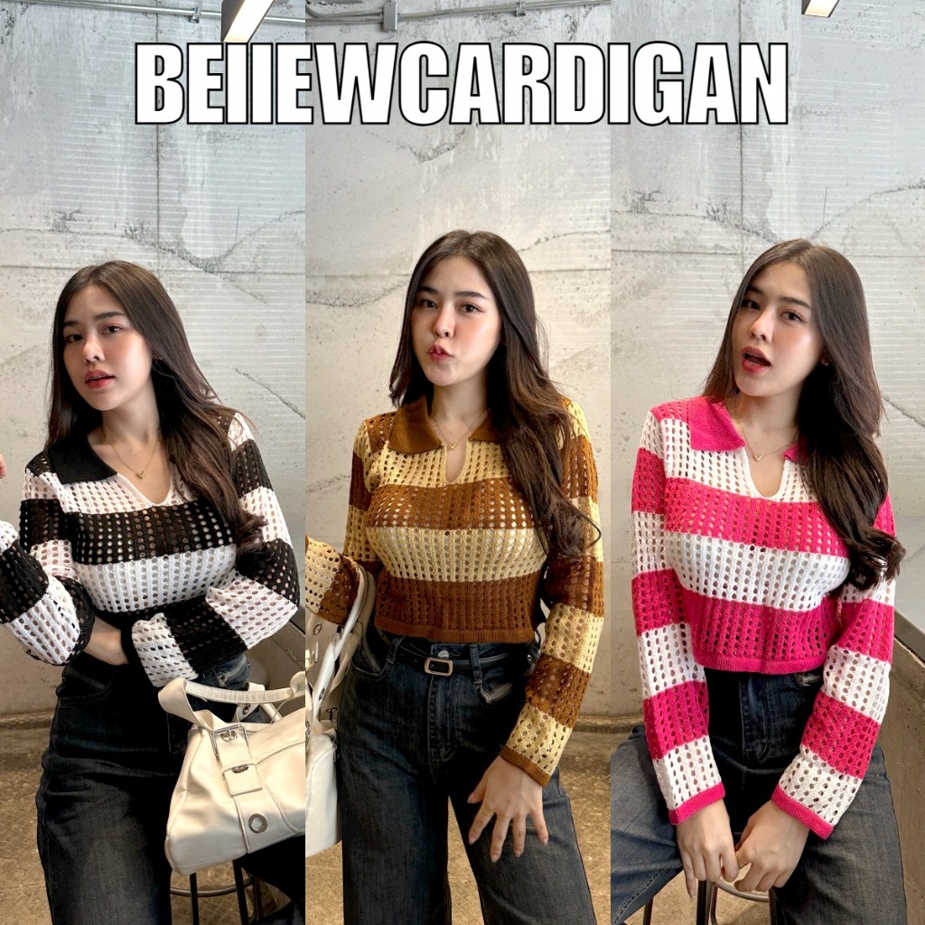 BEIIEW เสื้อไหมพรมงานถักทอฉลุ เป็นงานแฟชั่นที่กระแสตามต่อเนื่องไม่ตกเทรน สวยเก๋ มีสไตล์ เป็นทรงโปโลคอปกแขนยาว