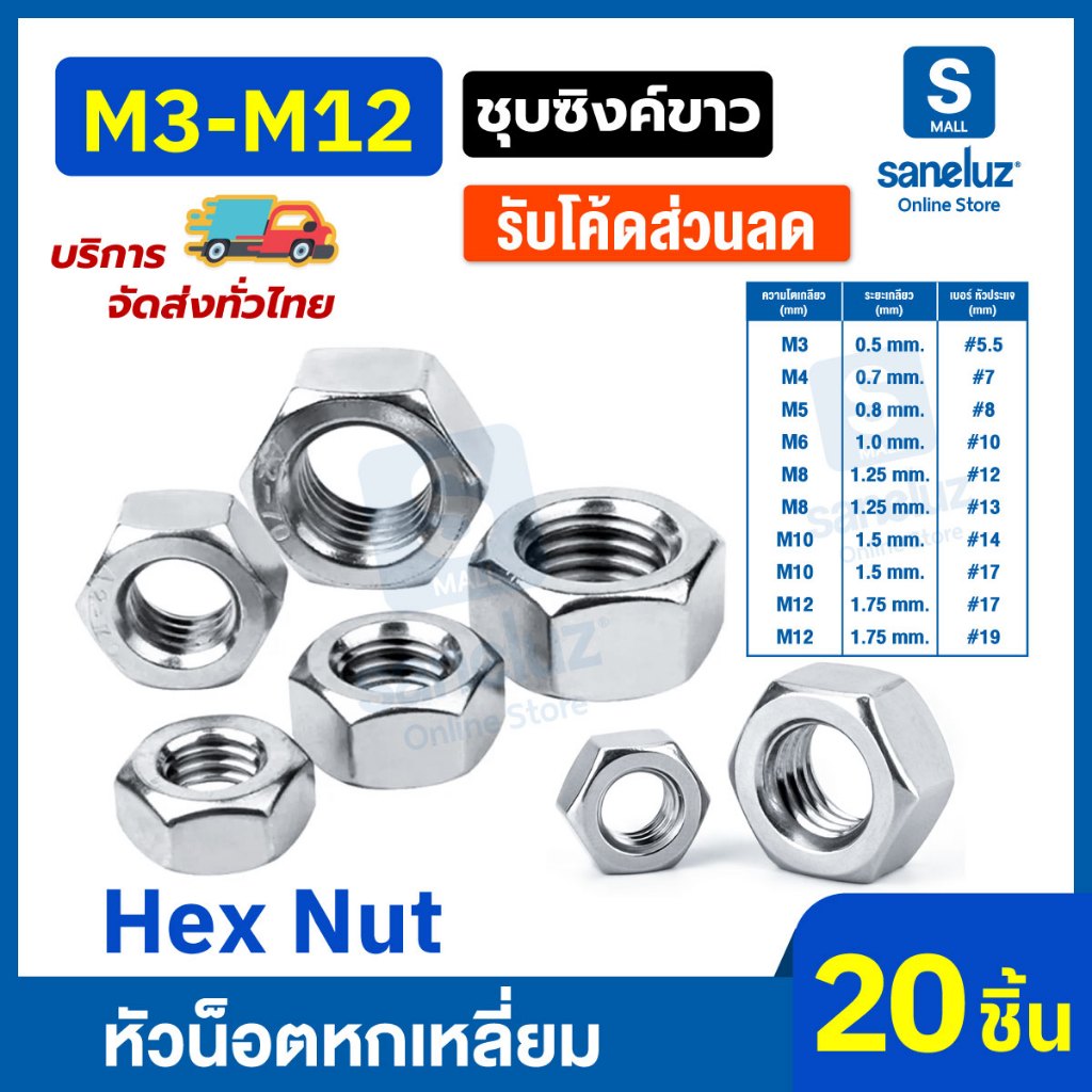 20 ตัว น็อตหกเหลี่ยม ขนาด M3-M12 ชุบซิงค์ขาว เกลียวคม หมุนง่าย งานช่าง งานประกอบเครื่องจักร งานอุตสาหกรรม สินค้าพร้อมส่ง