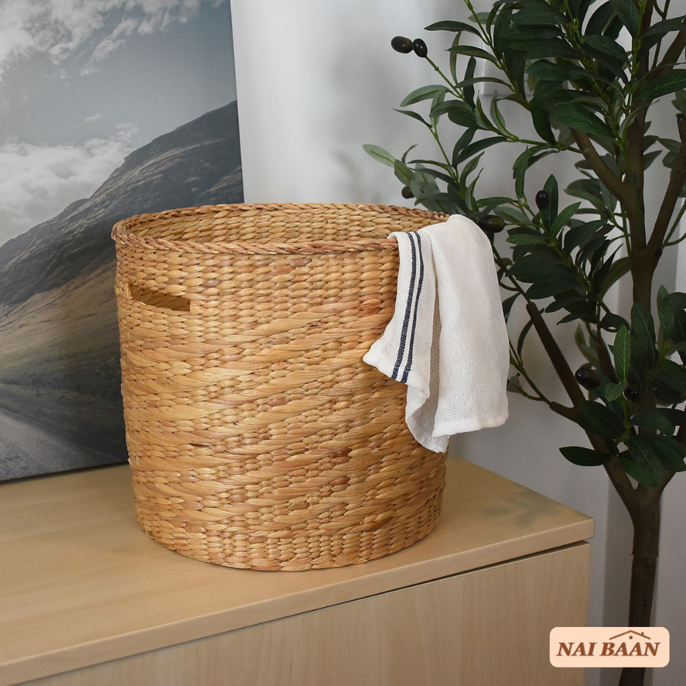 Naibaan ตะกร้าผ้า ตะกร้าผักตบชวา ตะกร้าอเนกประสงค์ ตะกร้าทรงกลม งานสานผักตบชวา ผักตบชวา งานสานมือ