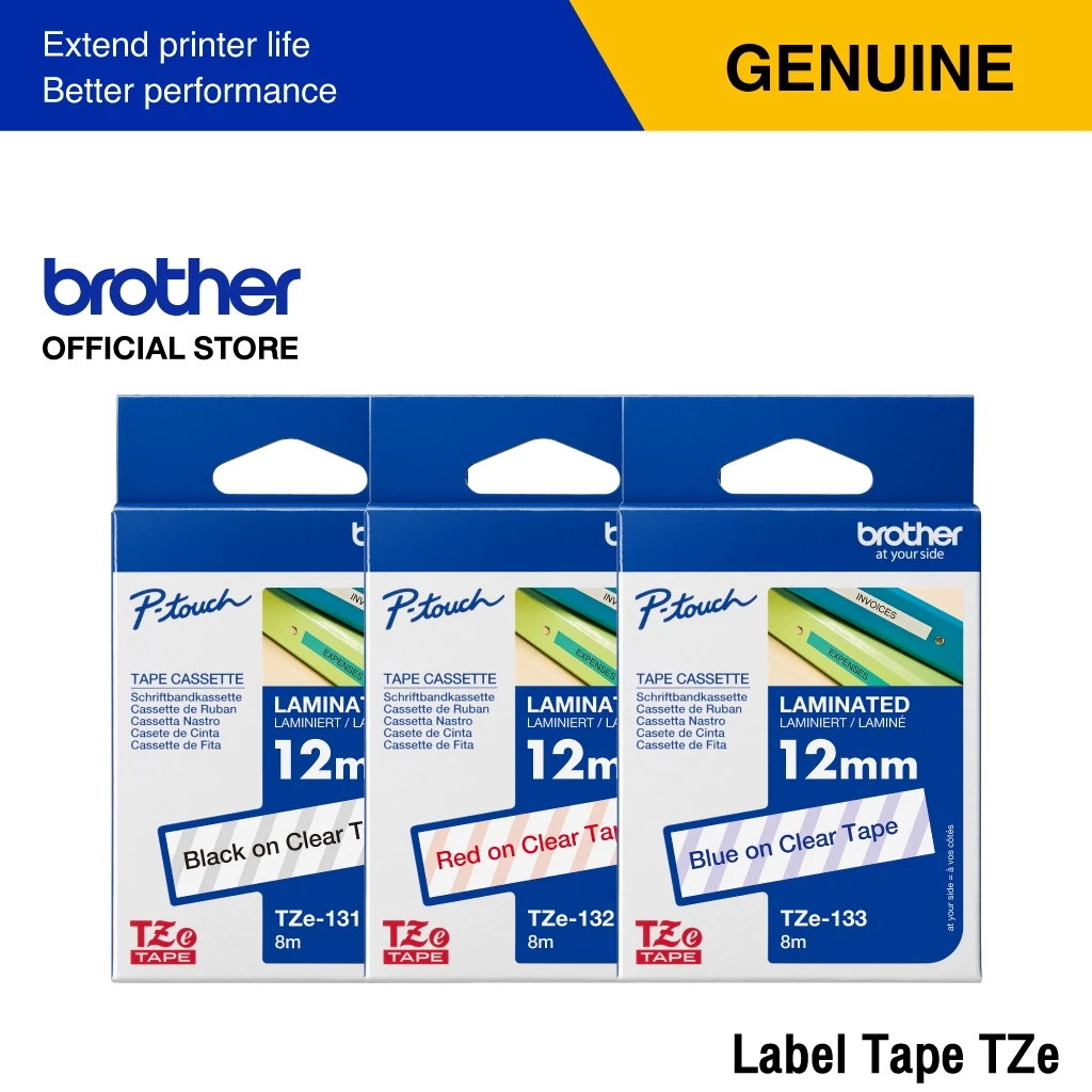 Brother Label Tape TZE เทปพิมพ์อักษร เคลือบพลาสติก เคลือบลามิเนต ขนาด 12 มม. | เทปแท้ กันน้ำ ทนสารเคมี ทนอุณหภูมิ