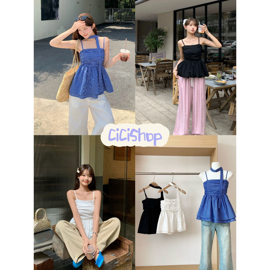 Cicishop(Y6312) เสื้อสายเดี่ยว สายปรับได้ สม็อคหลัง แต่งย่นข้าง แต่งระบายด้านล่าง สไตล์สาวตัวเล็กคาวาอี้