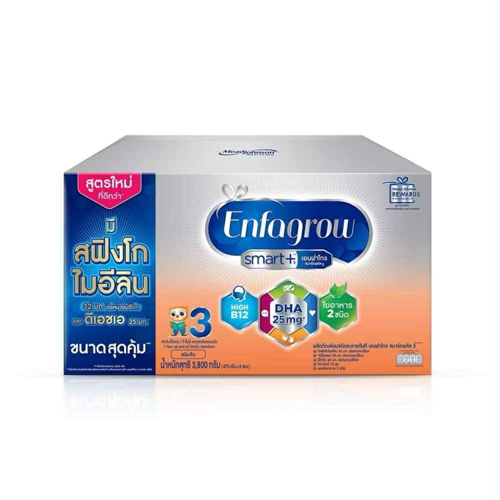 ￼นมผง เอนฟาโกร สมาร์ทพลัส มีสฟิงโกไมอีลินมากกว่า* สูตร3 ชนิดจืด (3800 กรัม) Enfagrow Smart+ Stage3 Plain (3800 g)