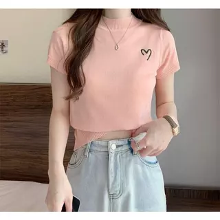 พร้อมส่งในไทย** เสื้อไหมพรมปักหัวใจด้านหน้า เสื้อยืดคอตั้งแขนสั้น สำหรับผู้หญิง Y205