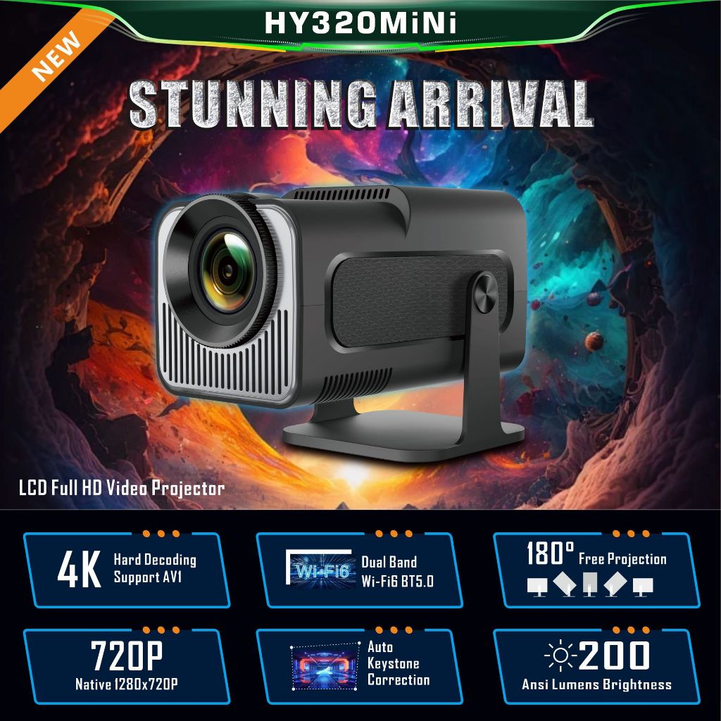 โปรเจคเตอร์ HY320 MINI🎥4K HDR10+Android 13 ฉายไร้สาย HDMI/USB/หูฟัง เชื่อม PS5/คอม ได้! (พกพาสะดวก)