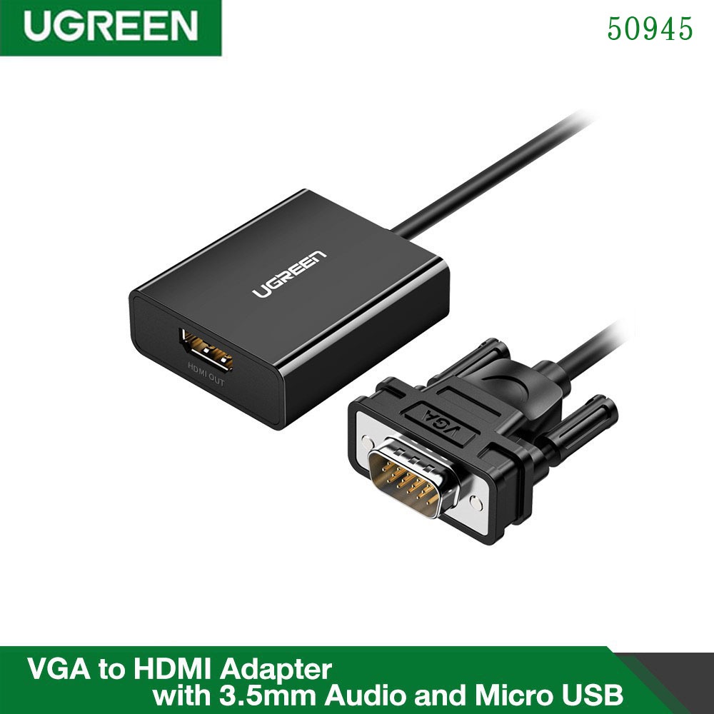 UGREEN รุ่น 50945 สาย VGA to HDMI มีช่องเสียบเสียง AUX 3.5 มม. ใช้งานกับคอม & โน้ตบุ้ค ประกัน 2ปี