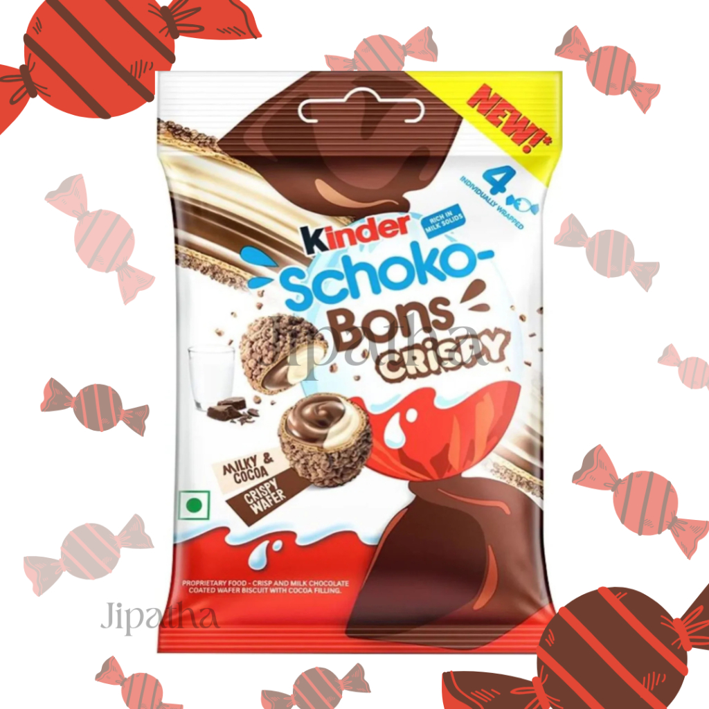 Kinder schoko bons crispy น้ำหนัก 22.4g ในถุงมี 4ห่อแยกชิ้น สินค้านำเข้าจากอินเดีย BBF.17/05/26