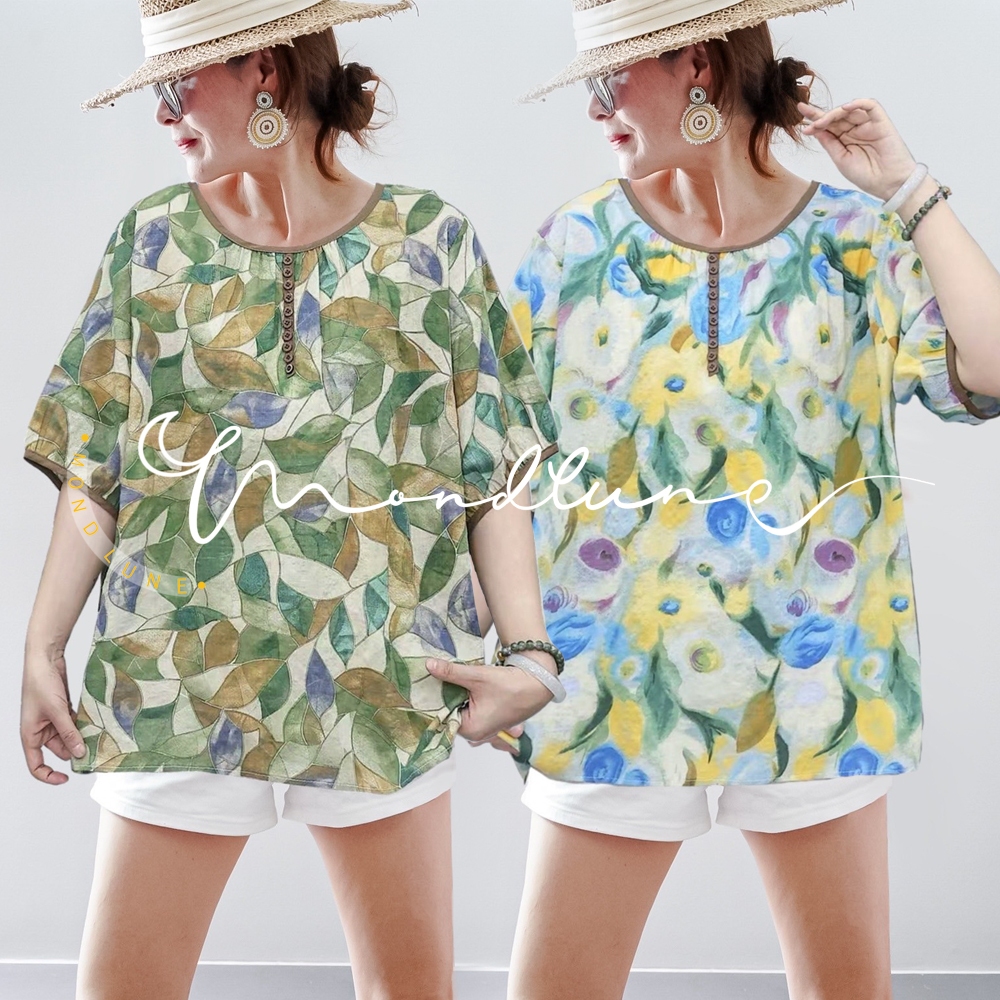 #4033 MondLune เสื้อเบลาส์คอกลม แขนสั้น แต่งกระดุมเรียงหน้า ผ้าป่านคอตต้อน เนื้อบาง ใส่สบาย