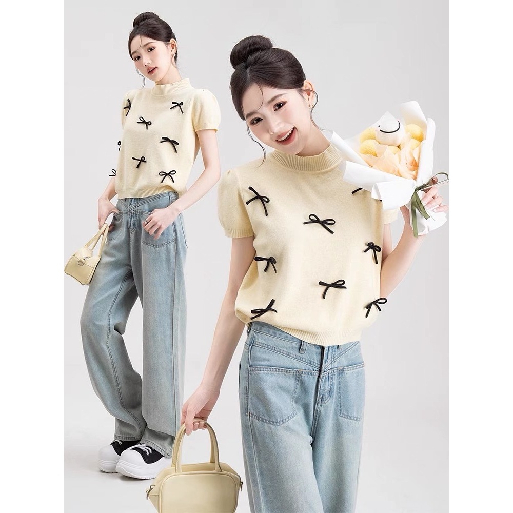 (พร้อมส่งที่ไทย#47336)เสื้อยืดผู้หญิง เสื้อยืดคอกลมโบว์ลดวัยแสนหวานสำหรับเสื้อทรงเข้ารูปของสาวฮอต
