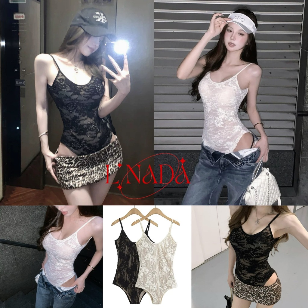 L🖤NADA【พร้อมส่ง】บอดี้สูทสายเดี่ยวลายลูกไม้ มีให้เลือก2สี