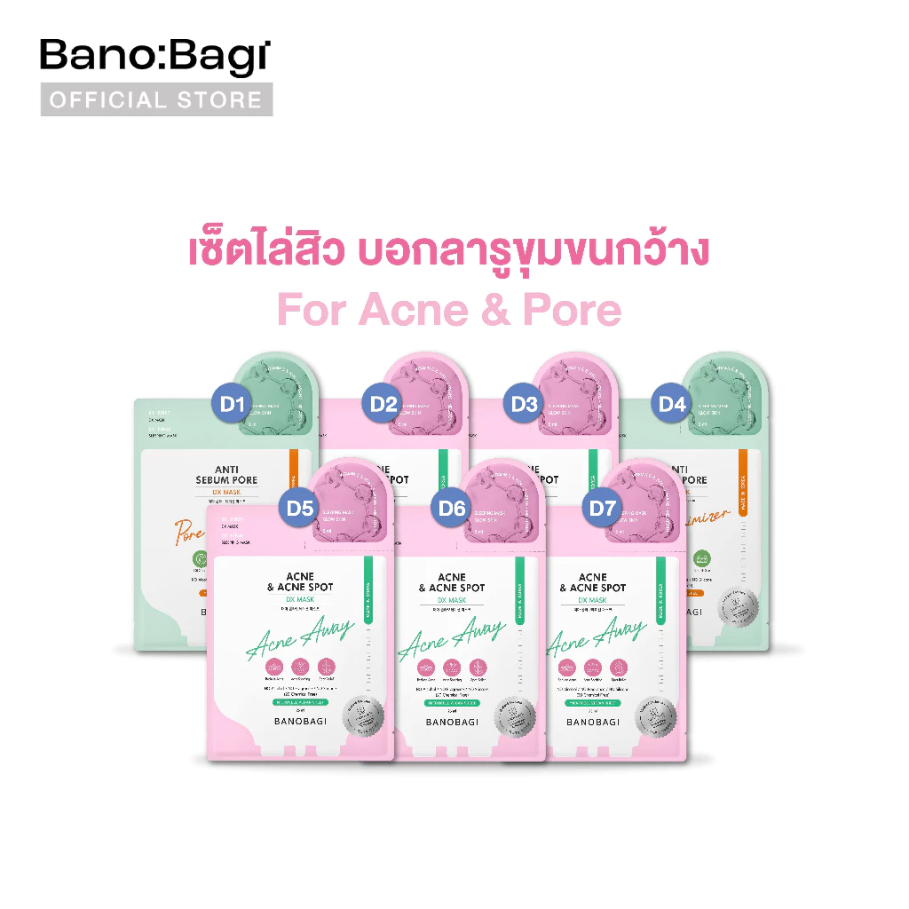 BANOBAGI DX Mask for Acne & Pore Set ดีเอ็กซ์ มาสก์ เซ็ต ไล่สิว บอกลารูขุมขนกว้าง(7 แผ่น) บาโนบากิ