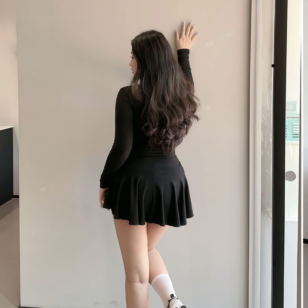 สีดำเดรสแขนยาวกระดุมคอเหลี่ยม 200 catties อ้วน mm กระโปรง A-line ทรงสลิมฟิตขนาดใหญ่เสื้อสาวอวบ - รูปที่ 4