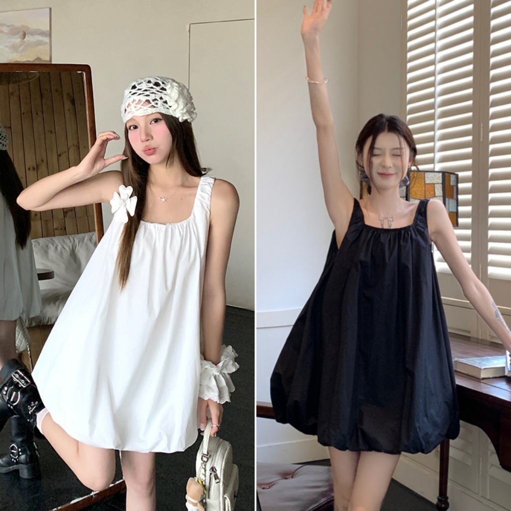 cherryshop พร้อมส่ง ชุดเดรสแขนกุดแฟชั่นสไตล์เกาหลีสำหรับผู้หญิง สีพื้น ทรงหลวม การออกแบบกระโปรงดอกตูม หวานและน่ารัก