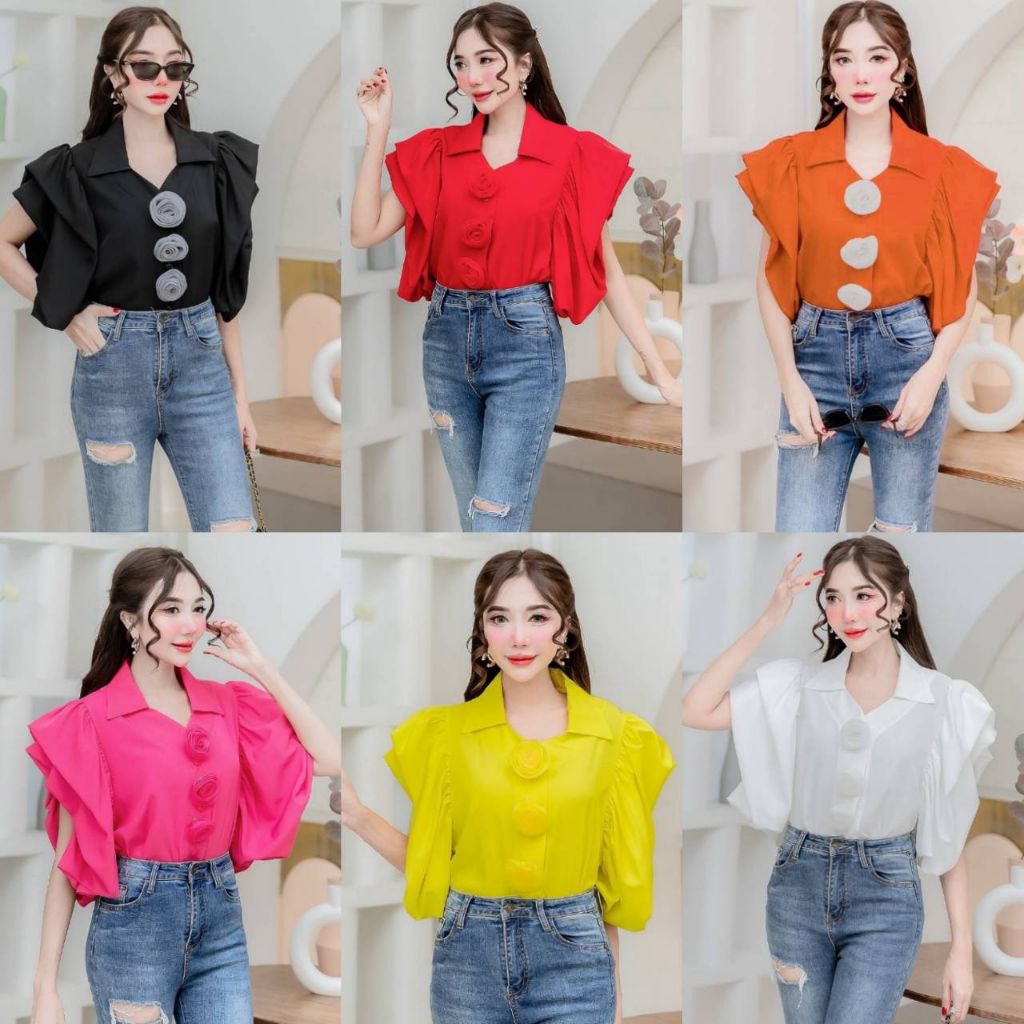 นางแบบใส่งานจริงจ้าาา เสื้อคอปกคอวีด้านหน้าแขนเบิ้ลสองชั้น แต่งดอกกุหลาบ3ดอกเป็นเข็มกลัดสามารถแกะออกได้ เอวสม๊อก
