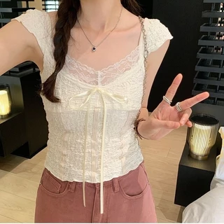 เสื้อยืดเซ็กซี่ แขนสั้น คอวีผ้าลูกไม้น่ารักผ้านิ่มใส่สบาย สวยเกร๋#A58