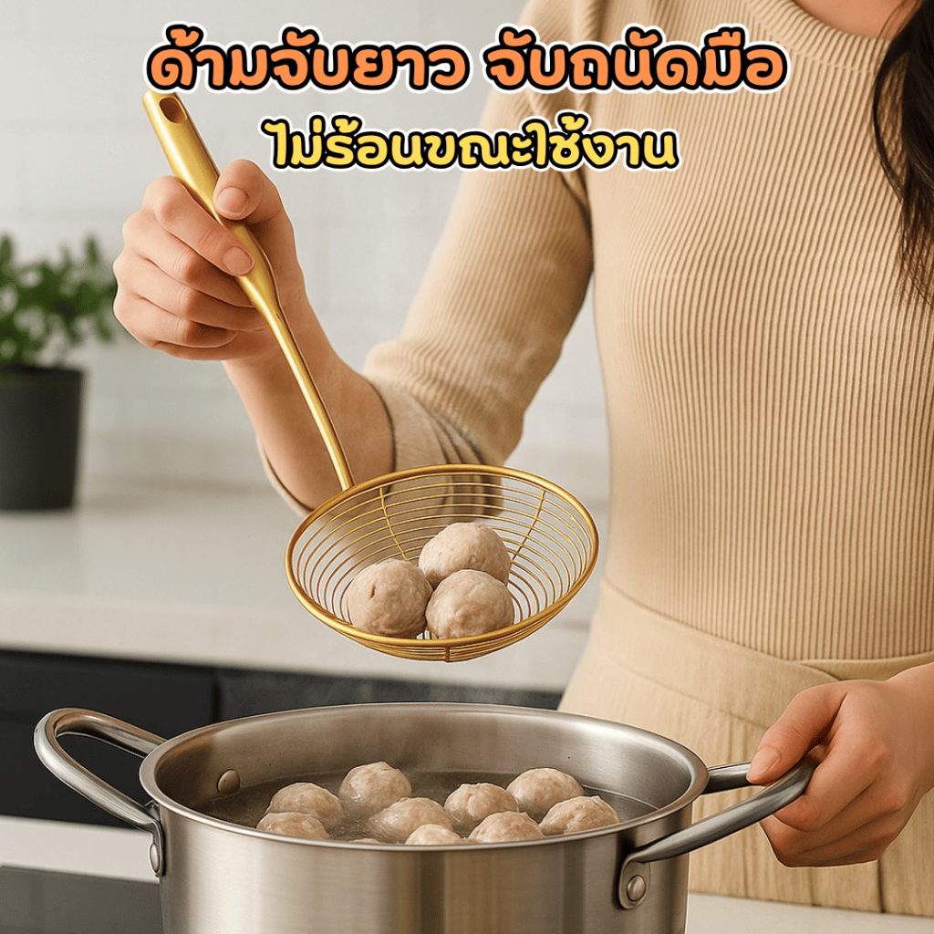 (รุ่นหนา)กระชอนสแตนเลส สีเงิน/สีทอง ขนาด14/16/18/20 ซม. แข็งแรง ทนทาน เหมาะสำหรับ ตักของทอด/ลวก/ต้ม พร้อมส่งTH - รูปที่ 3